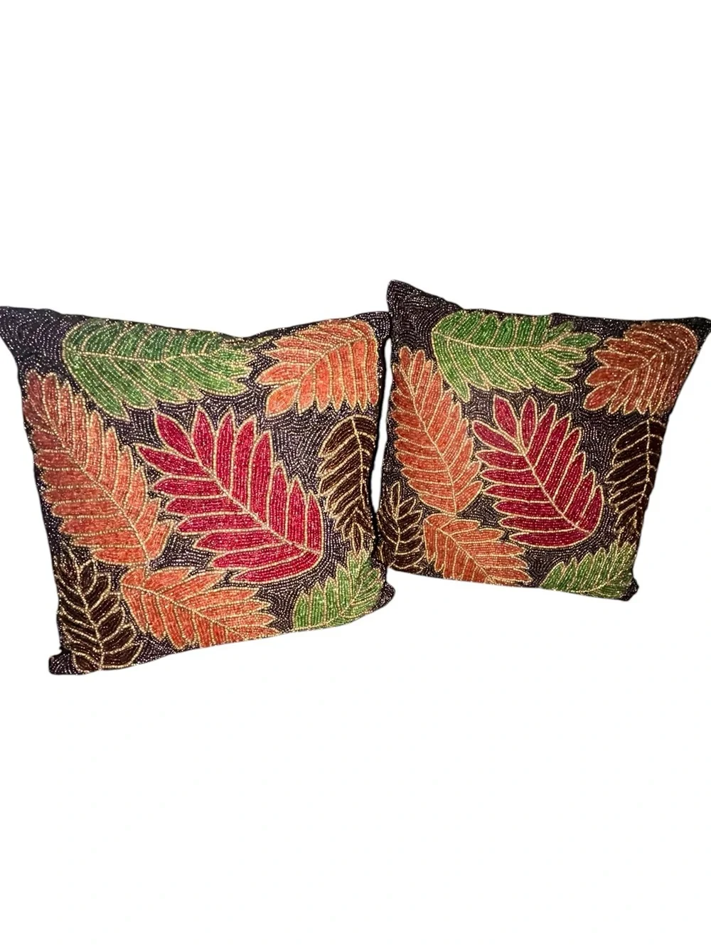 Pier 1 Beaded Throw Pillows Earth Tones Eclectic Embellished Leaves Artisan